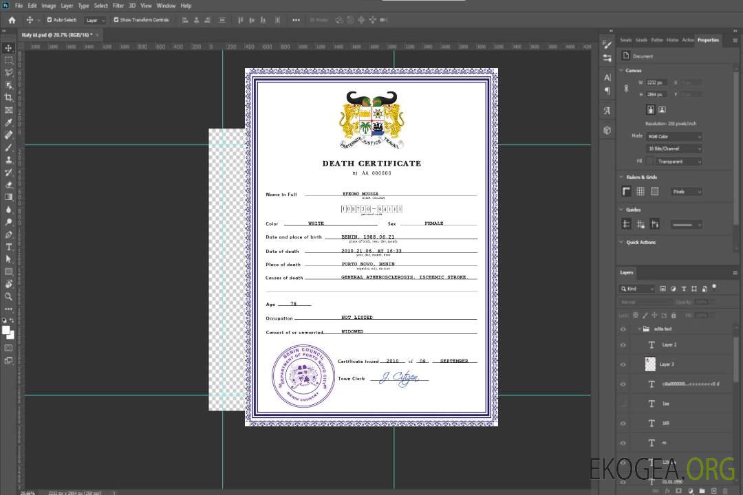 Modèle PSD de certificat de décès de l'état civil du Bénin template Modèle PSD de certificat de décès de l'état civil du Bénin template